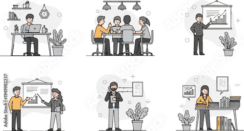 Cartoon figures in various office settings, including meetings, presentations, and individual work