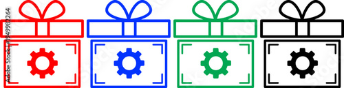 Four colored gift boxes with gear icon inside each frame red blue green black