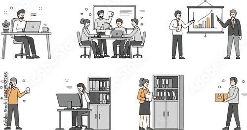 Office workers engage in various tasks, including meetings, presentations, and individual work