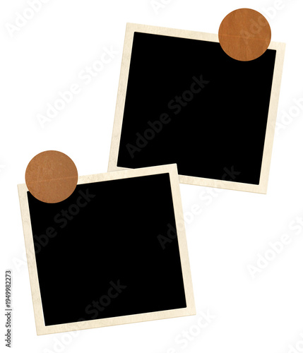 Template collage with two retro frame photos and adhesive tape. Moodboard pictures album for scrapbooking. Vintage style mood board layout. Isolated on white background. Copy space for photo