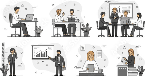 Business meeting scenarios with people working at desks and presenting data
