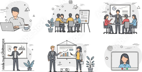 Business meeting scenes, diverse team collaborations, and remote communication