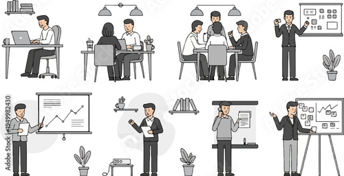 Business meeting scenes presentations, discussions, and individual work