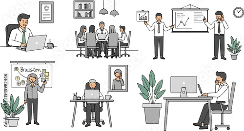 Business office scenes meetings, presentations, and individual work