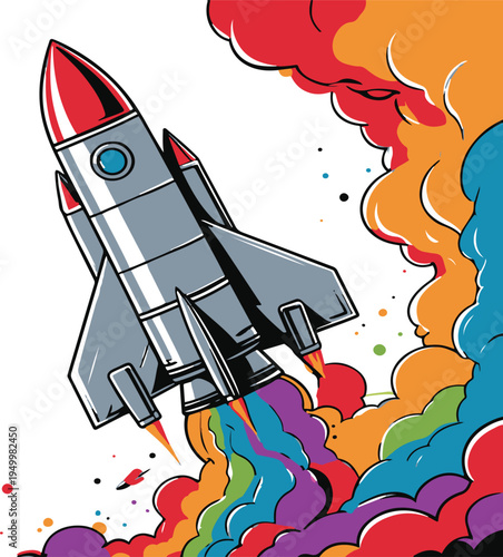  Colorful bold line art illustration of a rocket launching with rainbow smoke, minimal space concept, thick vector outlines, vibrant flat colors, clean white background 2