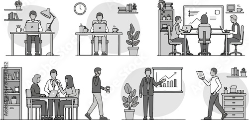 Business office scenes people working, meetings, presentations, and commuting