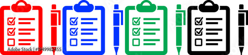 Four colorful clipboards with pens red blue green black checklist icons on checkered background