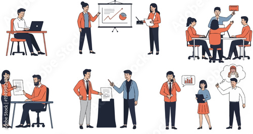 Business people engaged in various office activities like presentations, meetings, and calls