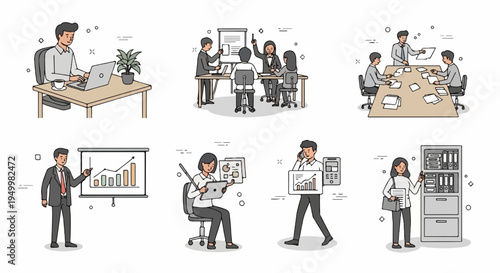 Business professionals collaborate and manage tasks in various office settings