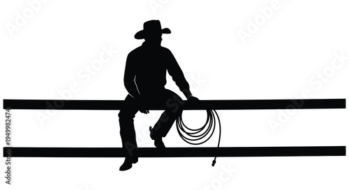 Cowboy with a lasso resting on a wooden fence silhouette