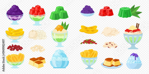 Set of delicious Filipino desserts and ingredients, including halo-halo, leche flan, and various sweet toppings.