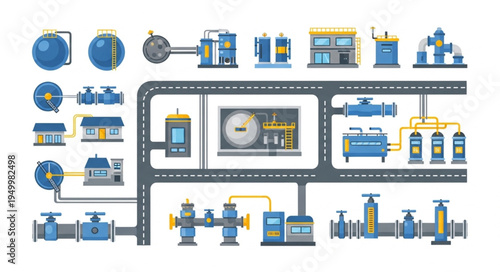 Detailed Illustration of a Water Treatment and Distribution System.