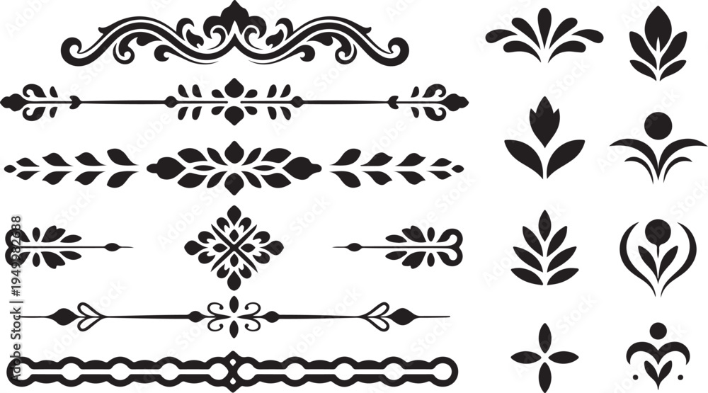 Fototapeta premium A collection of elegant black decorative dividers and flourish elements arranged on a clean white background