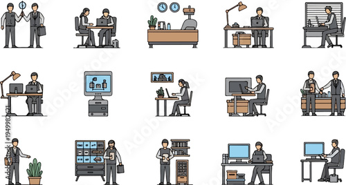 Office workers engaged in various tasks at desks and interacting