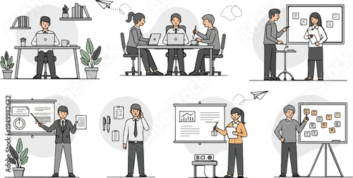 Office workers collaborating, presenting, and communicating in various business settings (1)