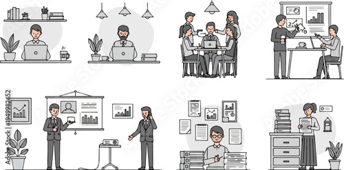 Business illustrations depicting people working, collaborating, presenting, and organizing at desks and in meetings