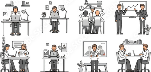 Office scenes with diverse activities, from solo work to team meetings and presentations