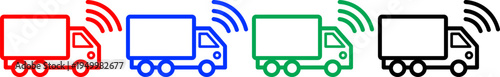 Four different colored truck icons representing transportation and logistics in red blue green and black