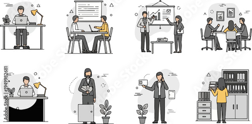 Office scenes with people working and interacting