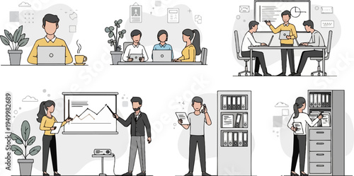 Office scenes teamwork, presentations, phone calls, and filing