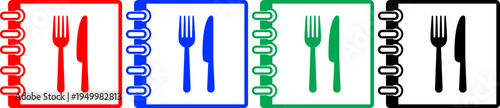 Four restaurant menu icons with fork and knife set in red blue green and black