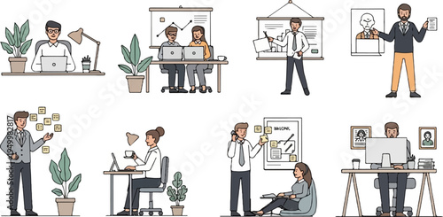 Diverse business professionals collaborate and work in a modern office environment