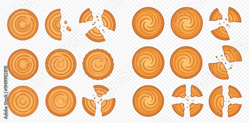 Set of delicious round cookies, whole and broken into pieces, with a spiral pattern, on a transparent background.