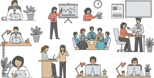 Diverse business professionals engage in various office activities with a modern aesthetic