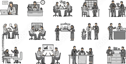 Diverse business scenarios depicting collaboration, meetings, and office interactions