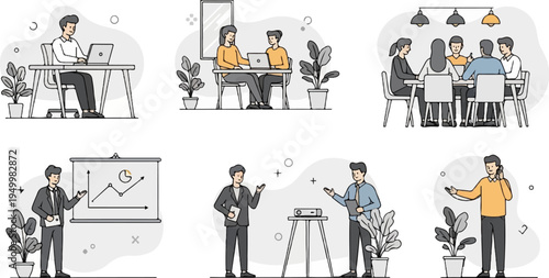 Diverse business scenarios featuring collaboration, presentations, and calls