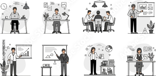 Diverse business scenes individuals working, meetings, and presentations in a modern office setting