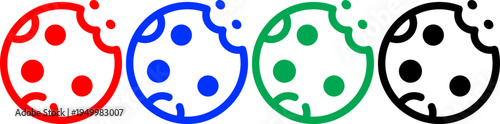 Group of bitten cookie icons in red blue green and black representing sweet snacks and baked goods