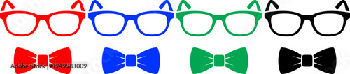 Glasses and bow tie icons, red, blue, green, black, hipster style fashion set.