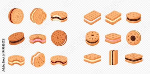 Set of various sandwich cookies with cream and jam fillings, whole and bitten, in different shapes and flavors, on a transparent background.