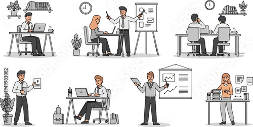 Office scenes with diverse individuals engaged in work activities, including presentations and desk tasks
