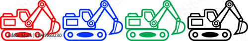 Industrial excavator machinery vector icons for construction site planning and civil engineering projects