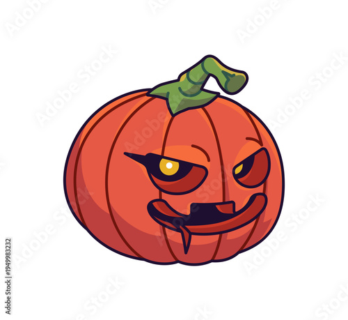 Scary pumpkin. Spooky squash with cut fearful face. Creepy ghost of Halloween holiday. Traditional Helloween monster. Funny Jack lantern. Flat isolated vector illustration on white background