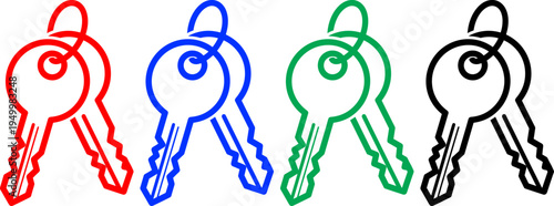 Key icon set in red blue green and black colors isolated on transparent background for security access