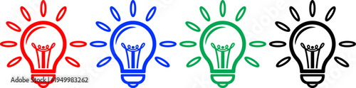 Light bulb icons in red blue green and black colors symbolizing idea and innovation