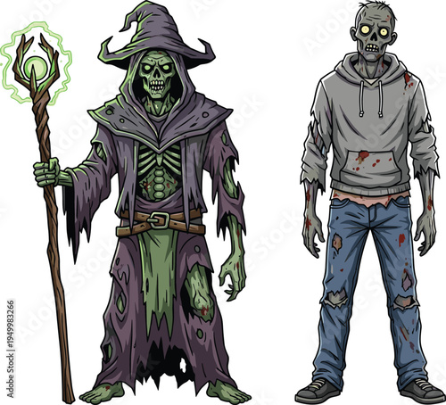 Dark necromancer, skeletal sorcerer, glowing green magic, zombie monster, undead horror, fantasy battle, evil wizard, supernatural creature, Halloween illustration, apocalypse