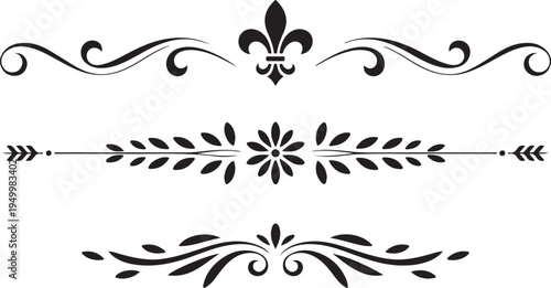 A set of decorative black divider lines featuring a fleur de lis and floral arrangements