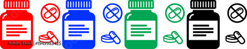 Medicine bottles and pills icons in red blue green and black colors on checkered background