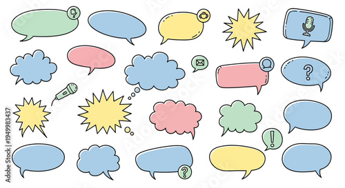 Colorful cartoon speech bubbles and icons.