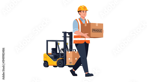 Efficiency in Logistics: A worker in a hard hat carries a package, showcasing the synergy between human effort and machinery, ready for delivery.