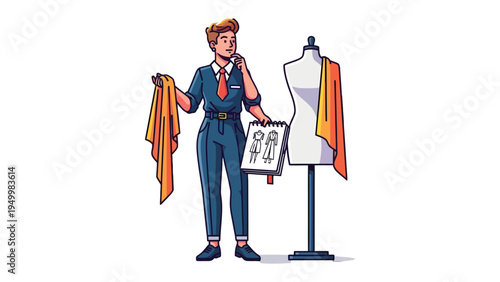 Crafting Couture: A fashion designer thoughtfully examines fabric, conceptualizing a new design beside a mannequin