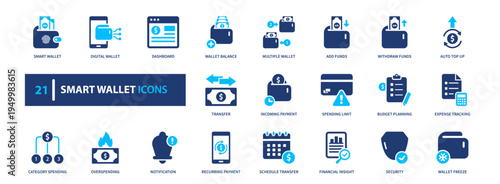 Smart wallet icon set. payment, finance, digital, transaction, security. solid style icon collection