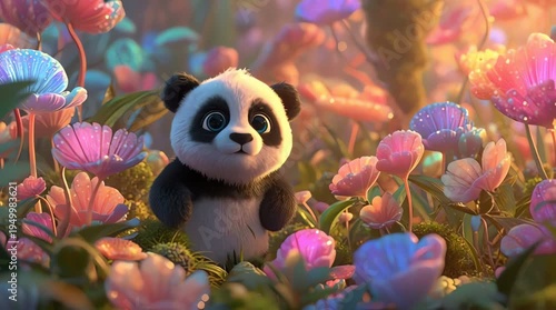 Cute Baby Panda Dance in a Magical Glowing Flower Field