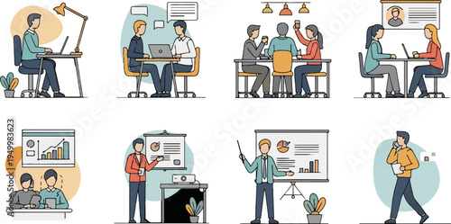 Diverse workplace scenes showcasing collaboration, presentations, and individual tasks