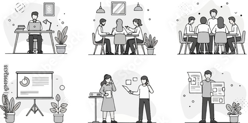 Diverse teamwork scenes, from solo work to group meetings and presentations