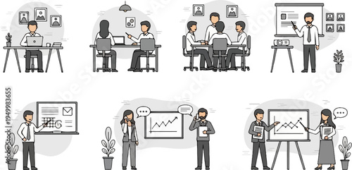 Business team meeting and presentation scenarios in a modern office
